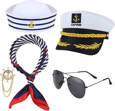 Yacht Captain Hat Costume Accessories Set Cosplay Boat Skipper Cap Sailor Hat Scarf Sunglasses Anchor Brooch in Saudi Arabia