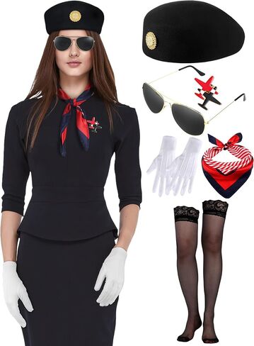 6 Pcs Women Flight Attendant Costume Accessories Stewardess Outfits Stockings Hat Sunglasses Scarf Gloves Pin in Saudi Arabia