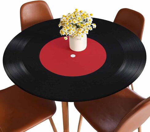 Vinyl Record Round Tablecloths Elastic Edged Red Black White Ring Art Music Tablecloths Washable Reusable Tablecloths for Kitchen Picnic Party 40-44 inch in Saudi Arabia