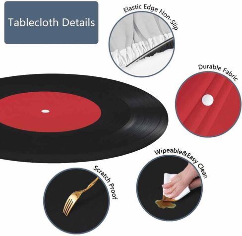 Vinyl Record Round Tablecloths Elastic Edged Red Black White Ring Art Music Tablecloths Washable Reusable Tablecloths for Kitchen Picnic Party 40-44 inch in Saudi Arabia