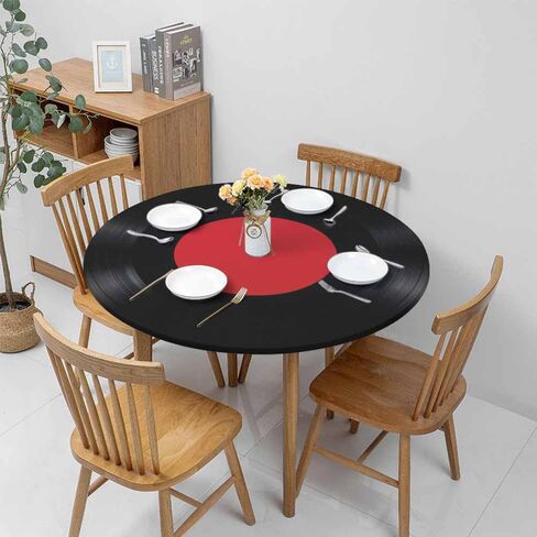Vinyl Record Round Tablecloths Elastic Edged Red Black White Ring Art Music Tablecloths Washable Reusable Tablecloths for Kitchen Picnic Party 40-44 inch in Saudi Arabia