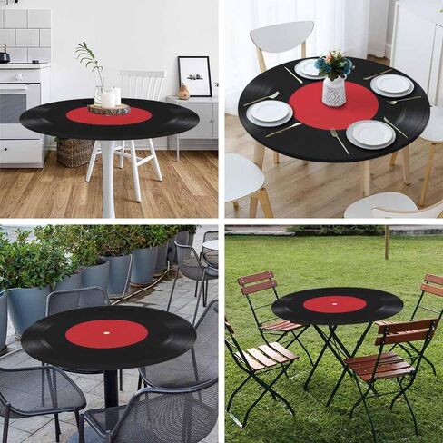 Vinyl Record Round Tablecloths Elastic Edged Red Black White Ring Art Music Tablecloths Washable Reusable Tablecloths for Kitchen Picnic Party 40-44 inch in Saudi Arabia
