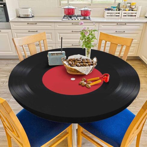 Vinyl Record Round Tablecloths Elastic Edged Red Black White Ring Art Music Tablecloths Washable Reusable Tablecloths for Kitchen Picnic Party 40-44 inch in Saudi Arabia