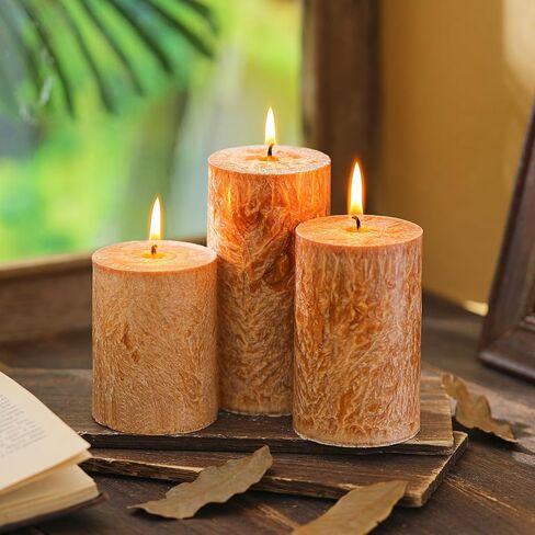 MTLEE 3 Pieces Fall Rustic Textured Unscented Pillar Candle Christmas Winter Decorative Dripless Pillar Candle Farmhouse Country Wedding Holiday Dinner Home Decor(Orange Brown) in Saudi Arabia