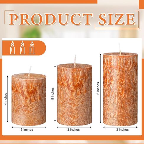 MTLEE 3 Pieces Fall Rustic Textured Unscented Pillar Candle Christmas Winter Decorative Dripless Pillar Candle Farmhouse Country Wedding Holiday Dinner Home Decor(Orange Brown) in Saudi Arabia