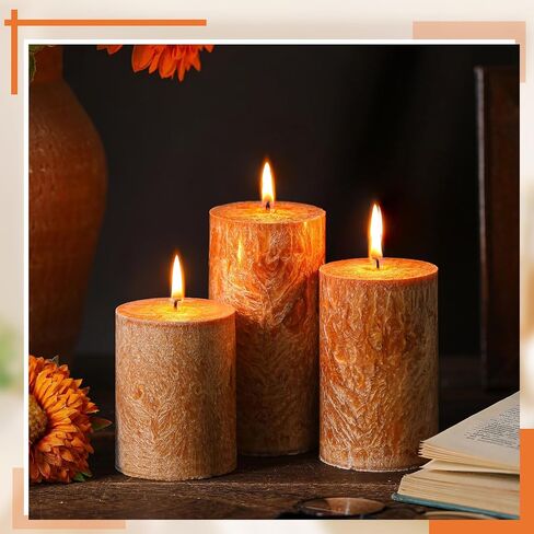 MTLEE 3 Pieces Fall Rustic Textured Unscented Pillar Candle Christmas Winter Decorative Dripless Pillar Candle Farmhouse Country Wedding Holiday Dinner Home Decor(Orange Brown) in Saudi Arabia