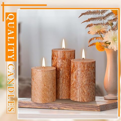 MTLEE 3 Pieces Fall Rustic Textured Unscented Pillar Candle Christmas Winter Decorative Dripless Pillar Candle Farmhouse Country Wedding Holiday Dinner Home Decor(Orange Brown) in Saudi Arabia