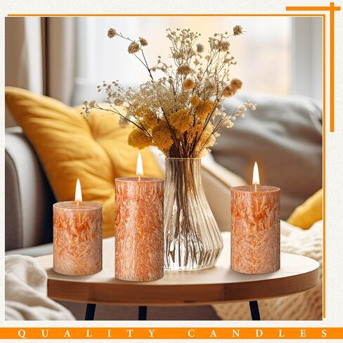 MTLEE 3 Pieces Fall Rustic Textured Unscented Pillar Candle Christmas Winter Decorative Dripless Pillar Candle Farmhouse Country Wedding Holiday Dinner Home Decor(Orange Brown) in Saudi Arabia