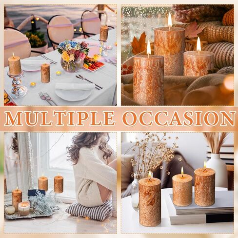 MTLEE 3 Pieces Fall Rustic Textured Unscented Pillar Candle Christmas Winter Decorative Dripless Pillar Candle Farmhouse Country Wedding Holiday Dinner Home Decor(Orange Brown) in Saudi Arabia