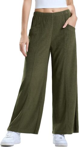 Les umes Womens Wide Leg Pants Elastic Waist Casual Slacks Trousers Loose Long Palazzo Pants with Pockets in Saudi Arabia