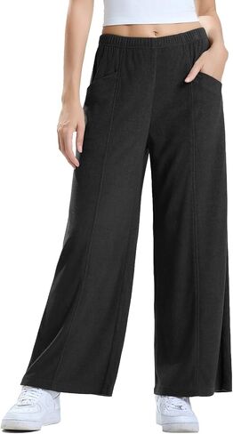Les umes Womens Wide Leg Pants Elastic Waist Casual Slacks Trousers Loose Long Palazzo Pants with Pockets in Saudi Arabia