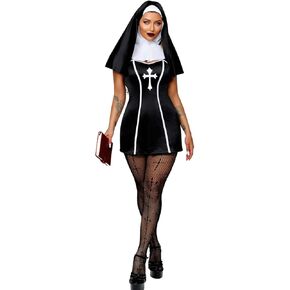 4Pcs Nun Costume Halloween Outfit For Women, Cross Pattern Fishnet Stockings, Fits 0-6