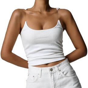 Women's Sexy Scoop Neck Tank Top Summer Y2K Going Out Basic Built-in Cup Bra Cami Shirt