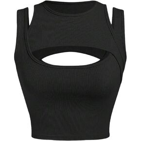 Verdusa Women's Sleeveless Crew Neck Cut Out Ribbed Knit Crop Tank Top