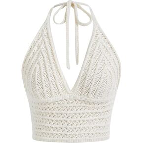 MakeMeChic Women's Crochet Tie Back Cropped Camisole Slim Fit Sleeveless Boho Shirts Knitted Halter Top