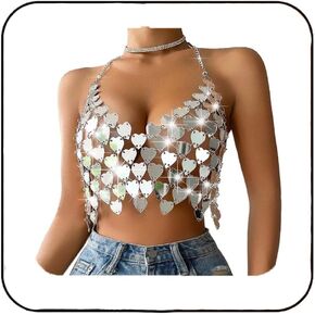 BODIY Women Sequin Body Chain Top Sliver Sparkly Dots Disco Halter Bra Chain Tops Nightclub Hearts Chain Crop Top