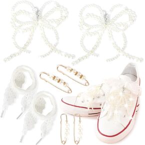 LOTOFUN Bowknot Pearl Shoelace Charms: Women Bow Tie Sneakers Clips 1 Pair Shoe Lace Charm Decorations - DIY Bowtie Beaded Bow Jewelry Sneaker Shoe Accessories