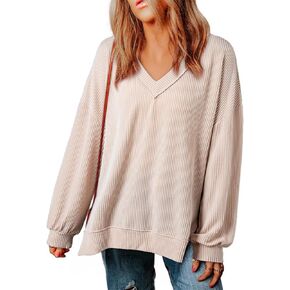 EVALESS Womens Long Sleeve Shirts Casual V Neck Lightweight Oversized Tee T-Shirts Tops