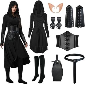 8 Pcs Women Renaissance Fairy Costume Medieval Elf Dress with Faux Leather Arm Pouch Belt for Halloween