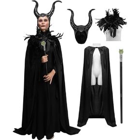 Women Evil Queen Costume Witch Black Horns Feather Cape Shawl Staff Velvet Robe Halloween Cosplay Costume for Adults