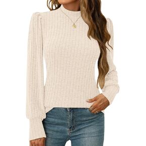 LOMON Women's Puff Long Sleeve Mock Neck Blouse Casual Lightweight Knit Shirts Dressy Work Tunic Tops
