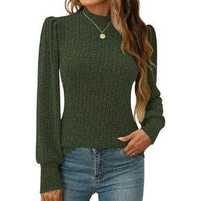 LOMON Women's Puff Long Sleeve Mock Neck Blouse Casual Lightweight Knit Shirts Dressy Work Tunic Tops