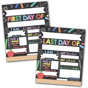 Last Day of School Sign – 10 Double-Sided First and Last Day Boards, 8x10 Back to School Photo Prop for Kids, Preschool, Kindergarten, and Elementary, Doodle Chalk Theme