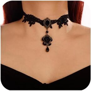 Denifery Gothic Black Lace Choker Necklaces Crystal Collar Choker Jewelry Adjustable for Women (Style 3)