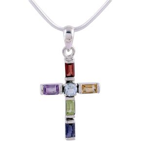 NOVICA Artisan Handmade Multigemstone Cross Choker Sterling Silver Religious Rhodium Plated Blue Topaz Garnet Peridot Green Multicolor Purple Red Pendant India Birthstone [15.75 in L Pendant(s) 1.4 I]