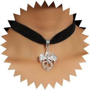 Vintage Black Velvet Choker Necklace Silver Dragon Pendant Necklace Gothic Velvet Dragon Necklace Black Suede Collar Necklace Jewelry for Women