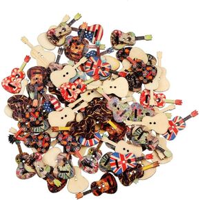 AKOAK 2-Hole 50 Pcs/Pack Vintage Style Guitar Shape Printed Wooden Sewing Buttons for Craft Sewing Scrapbooking DIY Decorative