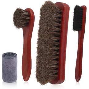 Horsehair Shoe Brush 4 Pcs 100% Horsehair Premium Shoe Cleaning Brush Kit with Microfiber Cloth Leather Boots Shoes Boots Care Cleaner Brush Leather Polish Dauber Applicator with Edge Brush
