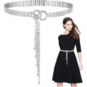 Rhinestone Waist Belt for Women, Adjustable Silver Waist Chain Belt Crystal Bling Belt Diamond O-Ring Waistband