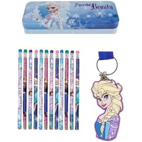 Unique Frozen Elsa Princess School Supplies includes Pencil Tin Box, Pencils, Keychain