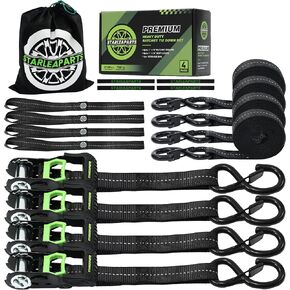 Motorcycle Tie Down Strap (4PK) - 2,100lb Break Strength Premium 15ft Ratchet Tie Down Straps Set, Soft Loop Ratchet Straps for Moving Appliances, Lawn Equipment, Cargo Straps for Trucks (Black)