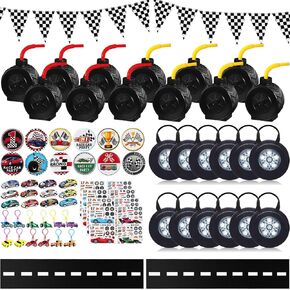 Mifoci 80 Pcs Checkered Racing Birthday Party Decoration Include 12 Tire Cups 12 Wheel Bag 12 Racing Badge 12 Racing Toy 16 Sticker 12 Race Keychains 2 Floor Banner 2 Checkered Banner