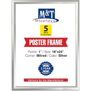 M&T Displays Snap Poster Frame 18x24 Inch Silver 1" Aluminum Profile Front Loading Wall Mounting Photo Picture Document Certificate Sign Holder Mitered Corner Anti Glare Cover (5 pack)