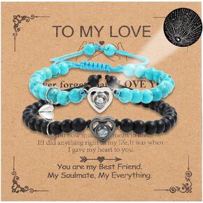 I Love You 100 Languages Bracelets for Couples 2 Pcs Heart Projection Couple Bracelets with Card Adjustable Bead Matching Bracelet for Girlfriend Boyfriend