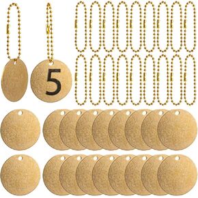 Framendino, 50 Pack 1.5 Inch Brass Valve Tags Stamping Blank with Brass Ball Chains Round Metal Dog Name ID Tags Laser Engraving Charms (Gold)