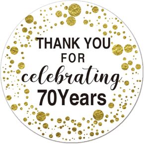 70th Birthday Thank You Stickers, Black and Gold 70th Birthday Favors, 70th Birthday Stickers, Anniversary Party Decorations, 2 Inch Round Circle Label Stickers, Pack of 50.
