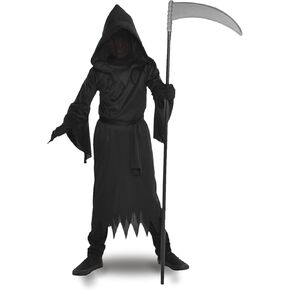 Grim Reaper Costume Kids Boys Ghost Phantom Costume Black Robe with Hood Scary Costume for Halloween Cool Reaper cloak