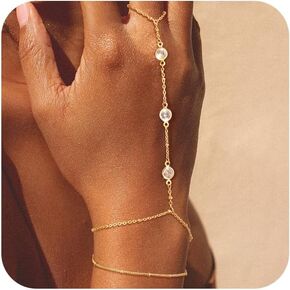 Gold Hand Chain Bracelets for Women Trendy: 14K Gold Dainty Finger Ring Bracelet Stack Hand Chain Set Adjustable Link Hand Chain CZ Beaded Paperclip Bracelets Non Tarnish Women Jewelry