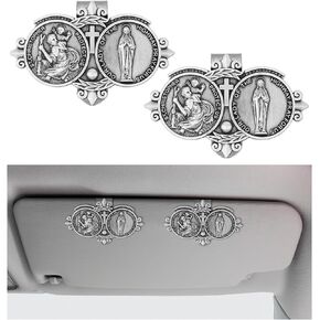 2 PCS St Christopher Medal for Car, Saint Christopher & Our Lady Sun Visor Decor Clip, Catholic Visor Clip to Bless Driving Safety, Car Accessories Gift for Driver Family Friend
