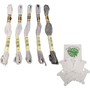 DMC Gray Ombre Cotton Embroidery Floss Bundle with Rylei Crafts Plastic Bobbins, 6 Strands, 8.7 Yards, 5 Skeins, Grey