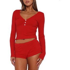RUEWEY Womens Ribbed Knit Pajama Sets Long Sleeve Top and Shorts Matching Lounge Set PJ Set 2 Piece Outfits