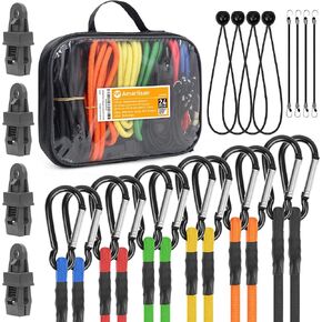 Amartisan 24PC Bungee Cords with Carabiner Hooks Heavy Duty, 72", 60", 48", 36", 24", 18" Two Each | (4) Tarp Clips, (4) Ball Bungee, (4) Mini Cord