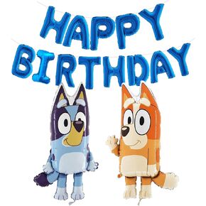 Toyland® Bluey & Bingo Balloon Pack - 2 x 80cm (32") Character Balloons & 1 x 16" Silver Happy Birthday Balloon Banner - Kids Party Decorations