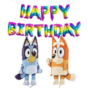 Toyland® Bluey & Bingo Balloon Pack - 2 x 80cm (32") Character Balloons & 1 x 16" Silver Happy Birthday Balloon Banner - Kids Party Decorations in Kuwait
