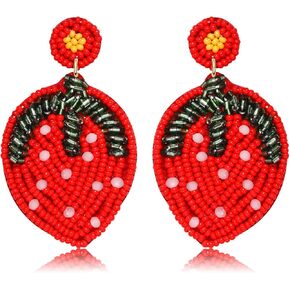 Beaded Dangle Earrings for Women Boho Cute Strawberry Watermelon Fruit Bead Drop Dangling Earrings Handmade Summer Beach Jewelry Gift for Women