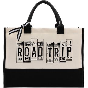 Road Trip Bag, Women Canvas Tote Bag, Canvas Tote Bag Large, White Canvas Totes Bag with Pattern, Reusable Shopping Bag Grocery Bag Utility Bag, Trendy Shoulder or Hand Carry Canvas Bag